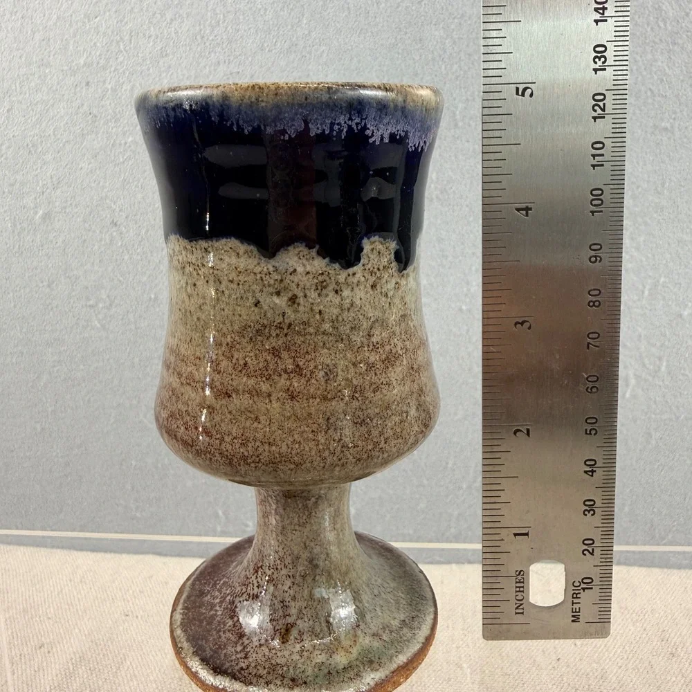 Vintage Studio Pottery Goblet Pair Cobalt Blue Drip Glaze Stoneware MCM
